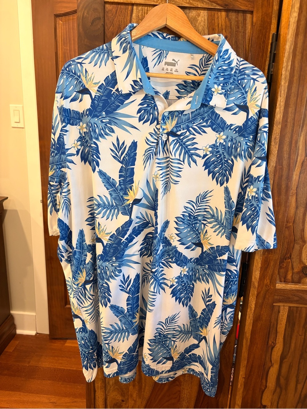 Puma White Polo with Blue Tropical Leaf Print